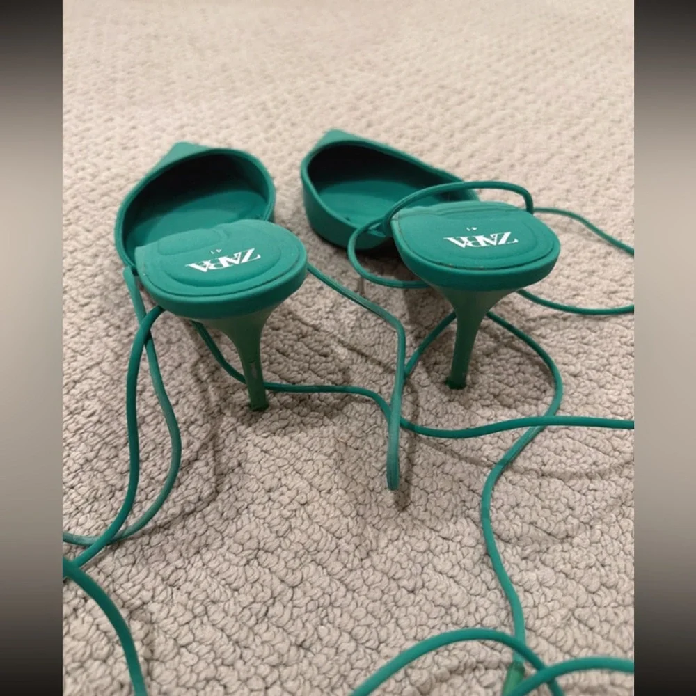 Zara Teal Pointed Lace-Up Kitten Heels - Picture 3 of 4